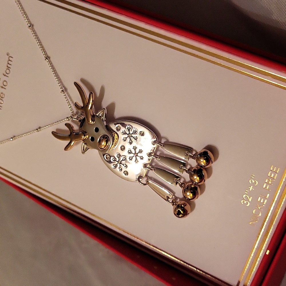True To Form Reindeer necklace with bells 32" plus 3" ext Bnib